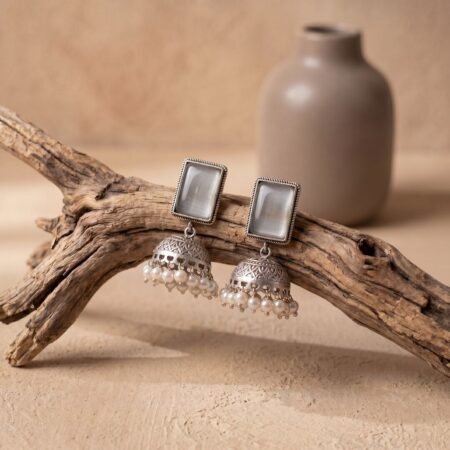 Smokey Grey Antique Silver Plated Embossed Pearl Drop Jhumka