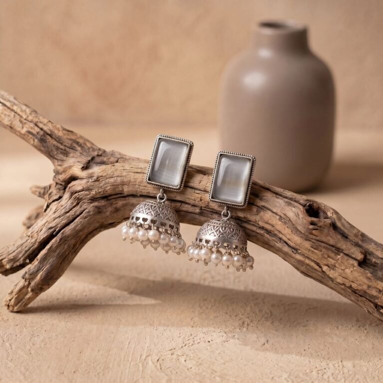 Smokey Grey Antique Silver Plated Embossed Pearl Drop Jhumka