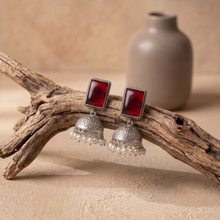 Crimson Antique Silver Plated Embossed Pearl Drop Jhumka