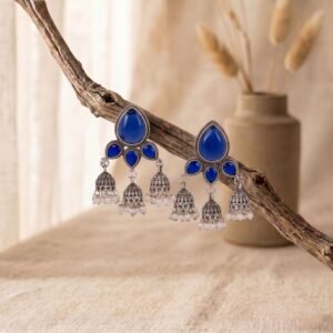 Royal Blue Antique Silver Plated Chandelier Pearl Jhumka