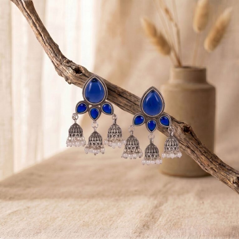 Royal Blue Antique Silver Plated Chandelier Pearl Jhumka