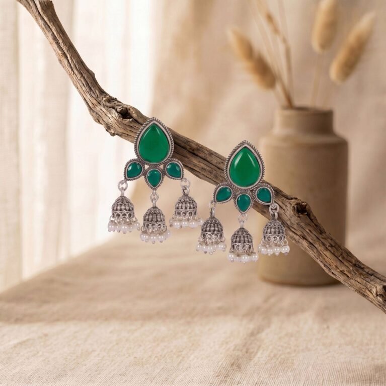 Emerald Green Antique Silver Plated Chandelier Pearl Jhumka