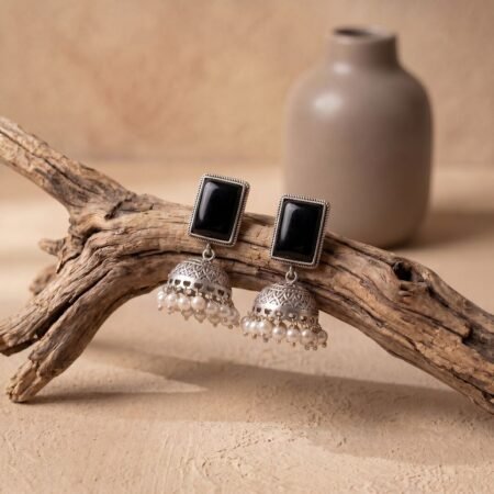 Black Antique Silver Plated Embossed Pearl Drop Jhumka