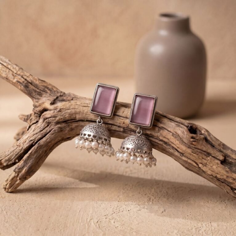 Blush Pink Antique Silver Plated Embossed Pearl Drop Jhumka