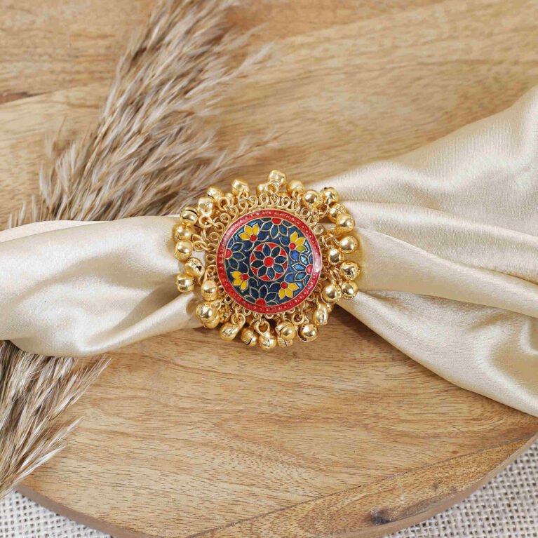 Indigo Gulbahar Meenakari Ghungroo Ring | Gold-Plated Enamel Ring