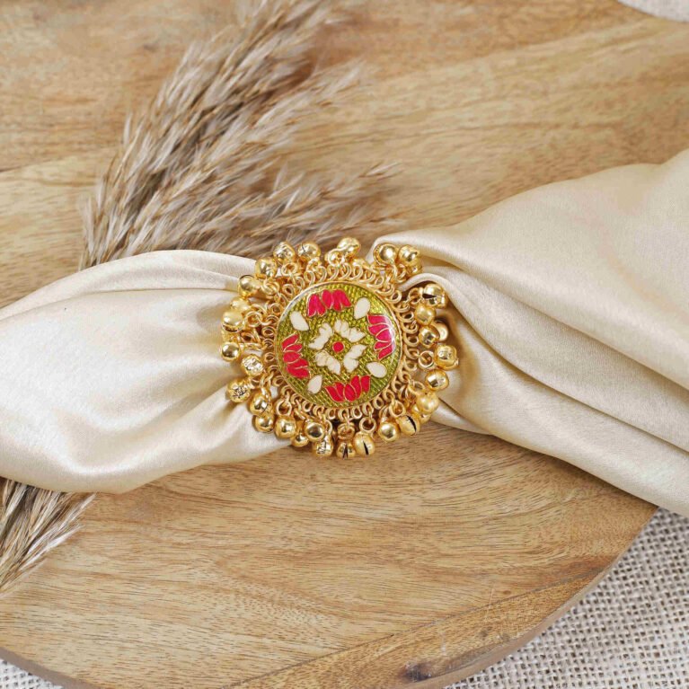 Olive Gulbahar Meenakari Ghungroo Ring | Gold-Plated Enamel Ring