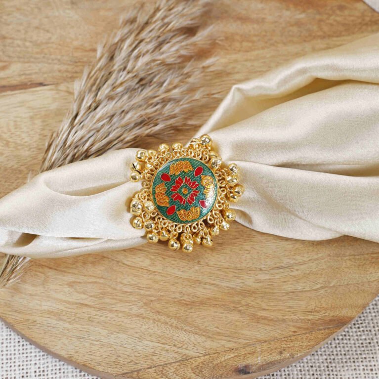 Teal Gulbahar Meenakari Ghungroo Ring | Gold-Plated Enamel Ring