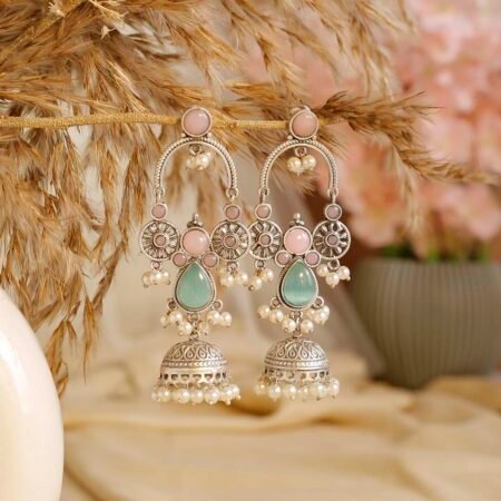 Blush & Mint Chandrakala Jhumka Earrings | Traditional Silver-Plated Jhumka