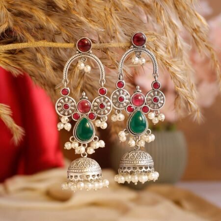 Ruby & Emerald Chandrakala Jhumka Earrings | Traditional Silver-Plated Jhumka