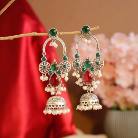 Emerald & Ruby Chandrakala Jhumka Earrings | Traditional Silver-Plated Jhumka