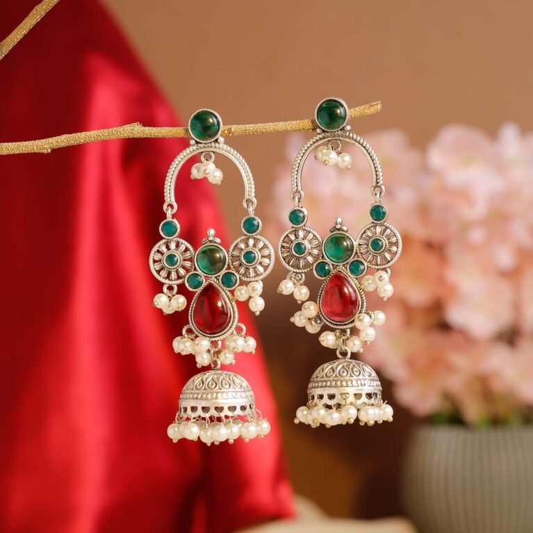 Emerald & Ruby Chandrakala Jhumka Earrings | Traditional Silver-Plated Jhumka