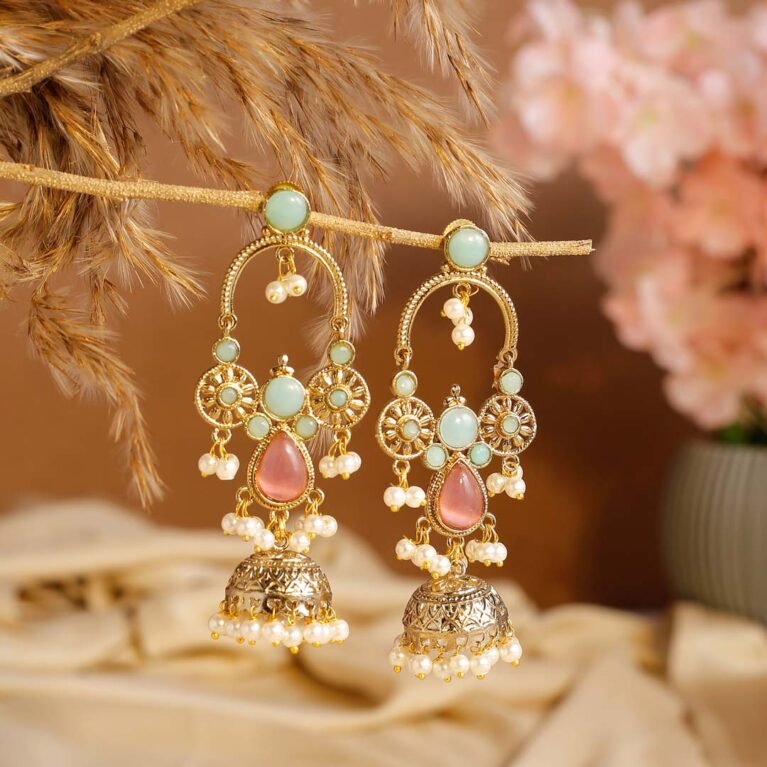 Mint & Blush Chandrakala Jhumka Earrings | Traditional Gold-Plated Jhumka