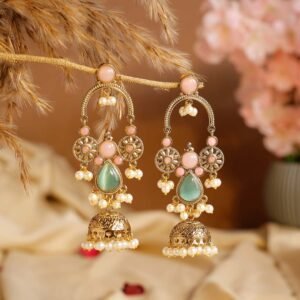 Blush & Mint Chandrakala Jhumka Earrings | Traditional Gold-Plated Jhumka