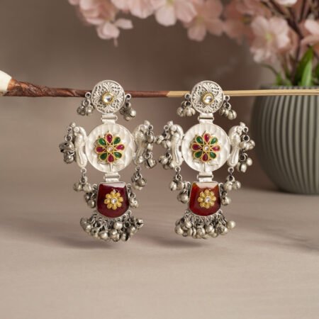 Garnet Veil Filigree Fusion Heritage Drop Earrings | Silver Electroplated Danglers
