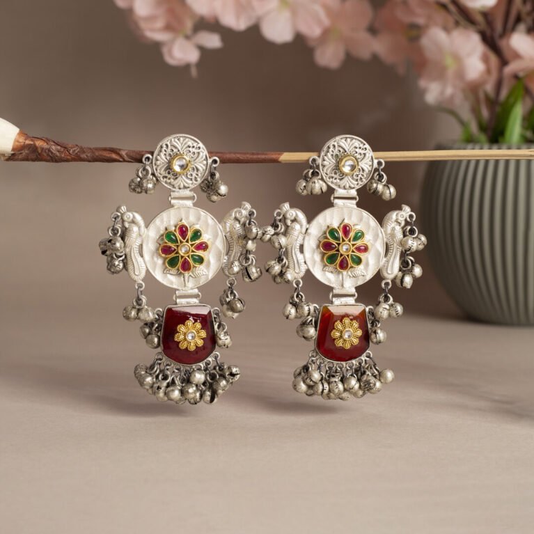Garnet Veil Filigree Fusion Heritage Drop Earrings | Silver Electroplated Danglers