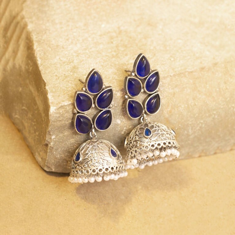 Royal Blue Silver Plated Floral Filigree Jhumka