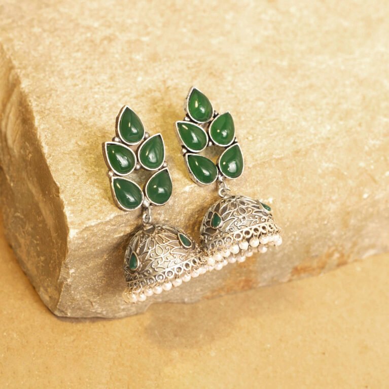 Emerald Green Silver Plated Floral Filigree Jhumka