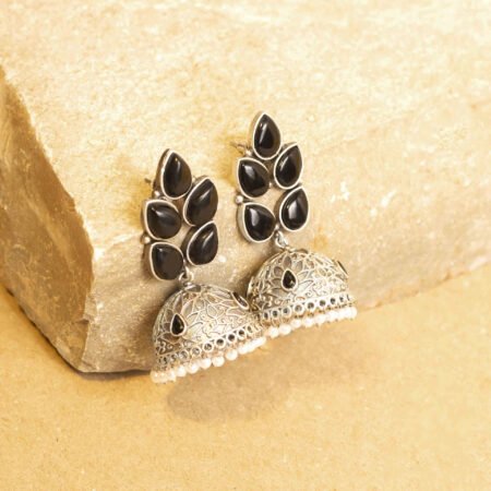 Midnight Black Silver Plated Floral Filigree Jhumka