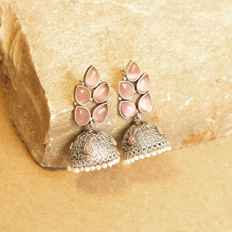 Coral Rose Silver Plated Floral Filigree Jhumka