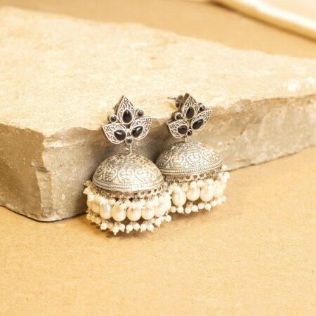 Raven Black Petalore Silver Plated Jhumka