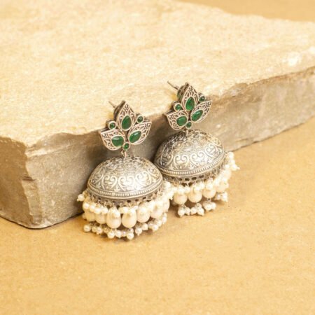 Emerald Green Petalore Silver Plated Jhumka