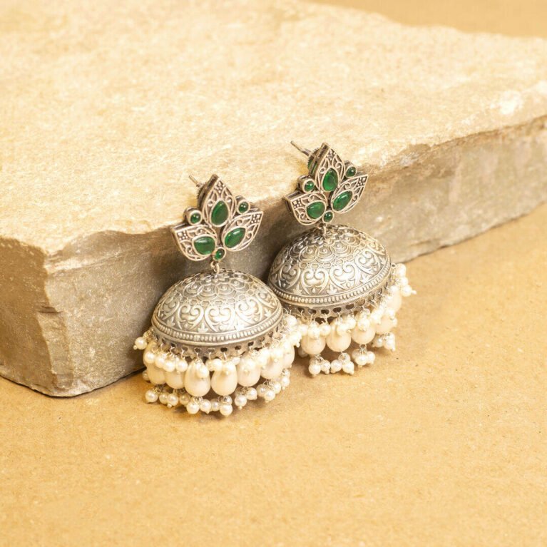 Emerald Green Petalore Silver Plated Jhumka