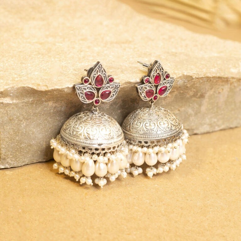 Garnet Red Petalore Silver Plated Jhumka