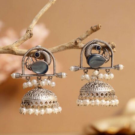 Smokestone Antique Silver Plated Charm Jhumka | Nature Inspired Collection