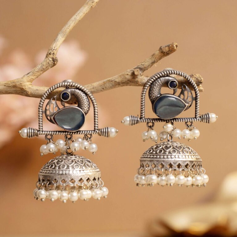 Smokestone Antique Silver Plated Charm Jhumka | Nature Inspired Collection