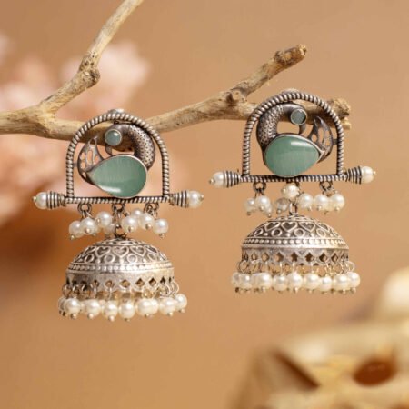 Seafoam Mist Antique Silver Plated Charm Jhumka | Nature Inspired Collection