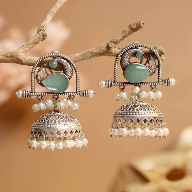 Seafoam Mist Antique Silver Plated Charm Jhumka | Nature Inspired Collection