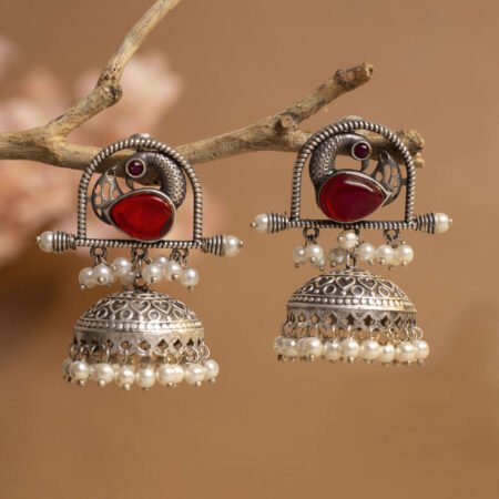 Raw Cherry Red Antique Silver Plated Charm Jhumka | Nature Inspired Collection