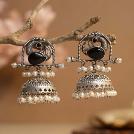 Onyx Midnight Antique Silver Plated Charm Jhumka | Nature Inspired Collection