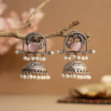 Rosequartz Blush Antique Silver Plated Charm Jhumka | Nature Inspired Collection