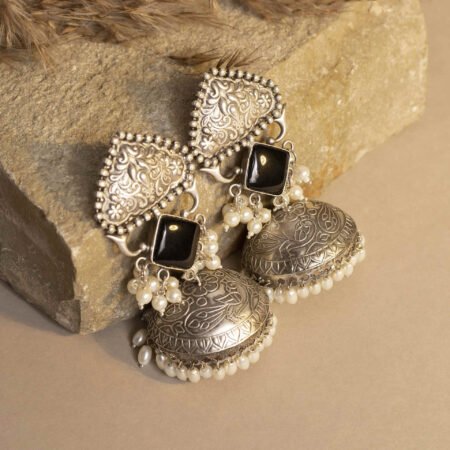 Diwan-e-Khas Antique Silver Plated Regal Jhumka with Deep Glow Onyx Monalisa Stone