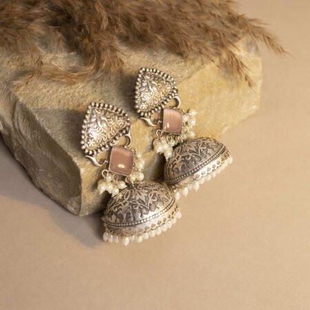 Diwan-e-Khas Antique Silver Plated Regal Jhumka with Dusty Glow Blush Monalisa Stone