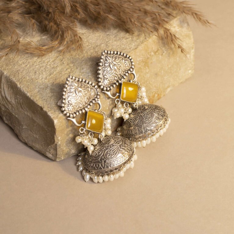 Diwan-e-Khas Antique Silver Plated Regal Jhumka with Warm Glow Mustard Monalisa Stone