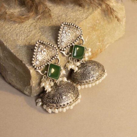 Diwan-e-Khas Antique Silver Plated Regal Jhumka with Fresh Glow Mint Monalisa Stone