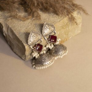 Diwan-e-Khas Antique Silver Plated Regal Jhumka with Rich Glow Maroon Monalisa Stone