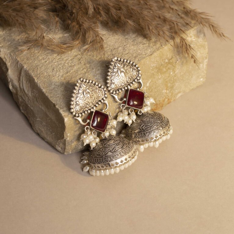 Diwan-e-Khas Antique Silver Plated Regal Jhumka with Rich Glow Maroon Monalisa Stone