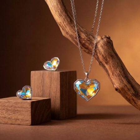 Prism Heart Pendant Ensemble | Silver-Plated Necklace & Earring Set