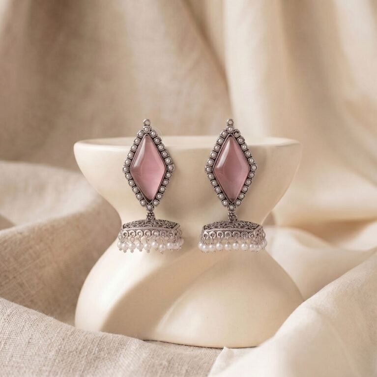 Blush Pink Boho Kite Stone Antique Silver Plated Jhumka