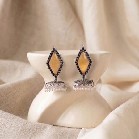 Amber Yellow Boho Kite Stone Antique Silver Plated Jhumka