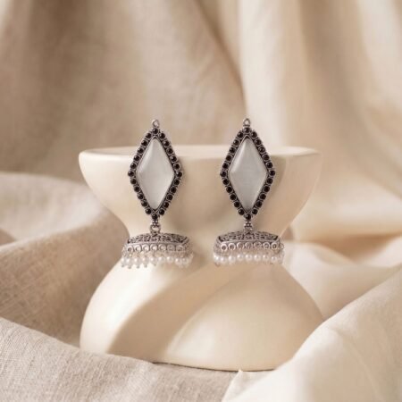Moonstone White Boho Kite Stone Antique Silver Plated Jhumka