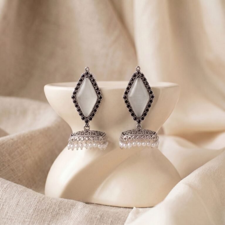 Moonstone White Boho Kite Stone Antique Silver Plated Jhumka