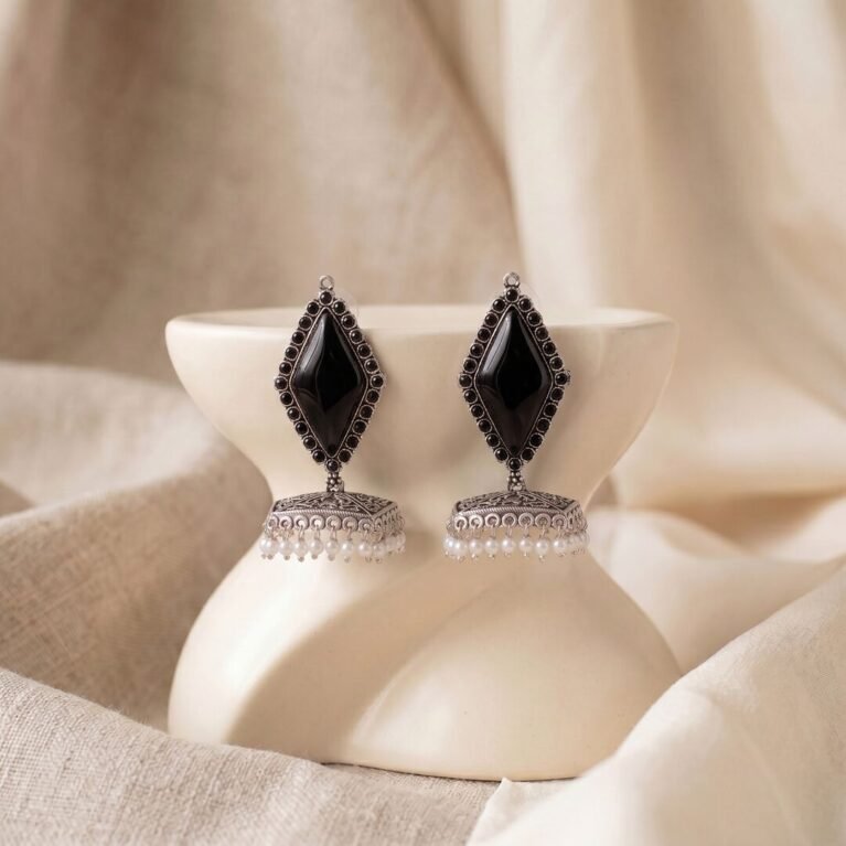 Midnight Black Boho Kite Stone Antique Silver Plated Jhumka