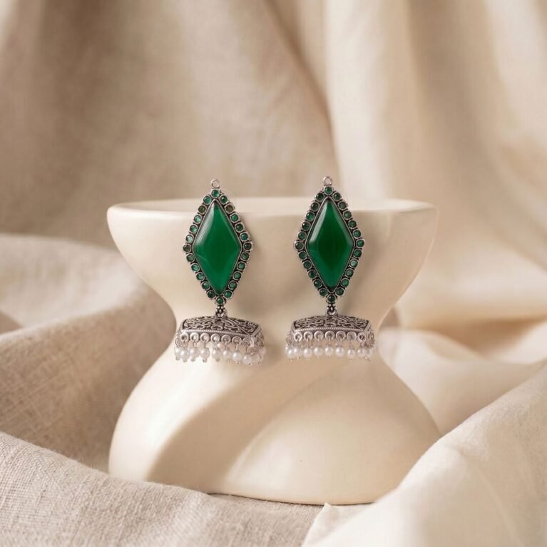 Emerald Green Boho Kite Stone Antique Silver Plated Jhumka