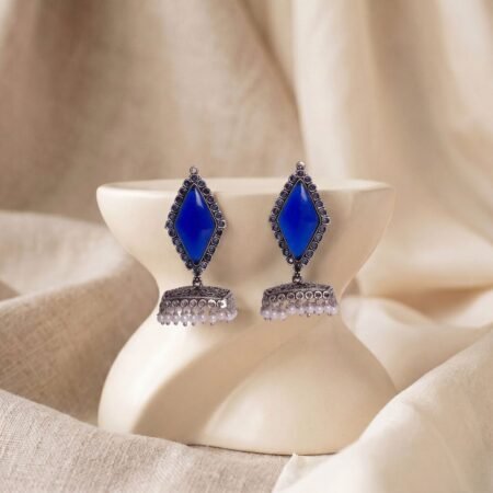 Royal Blue Boho Kite Stone Antique Silver Plated Jhumka