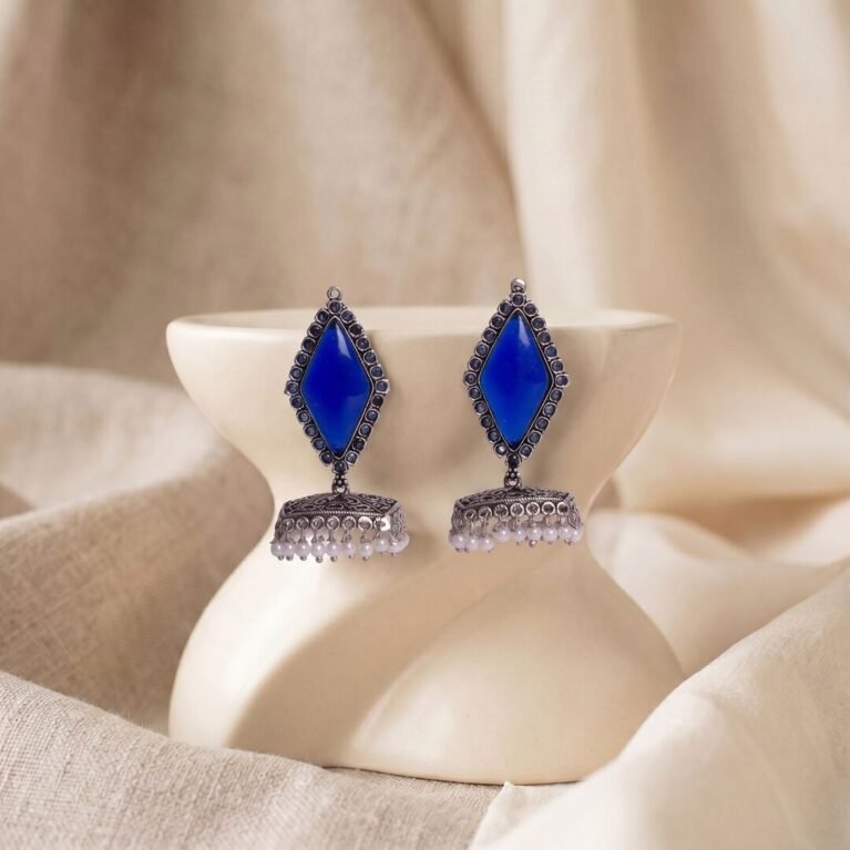 Royal Blue Boho Kite Stone Antique Silver Plated Jhumka