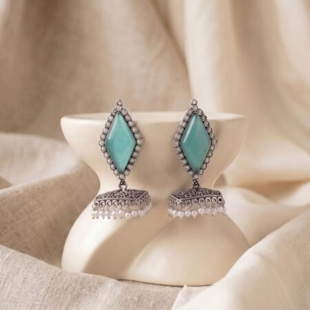 Seafoam Mist Boho Kite Stone Antique Silver Plated Jhumka